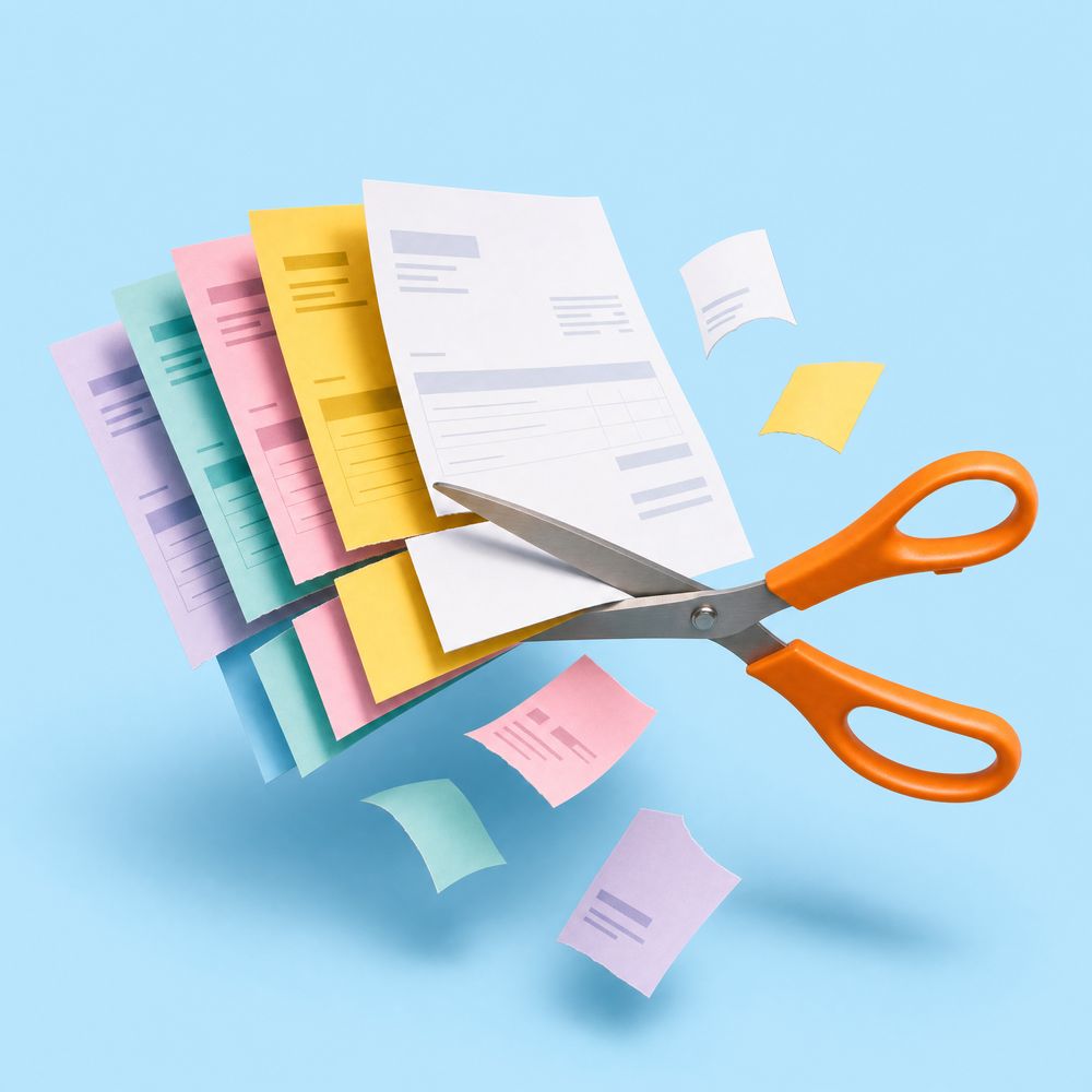 Scissors cutting through a stack of colourful subscription bills